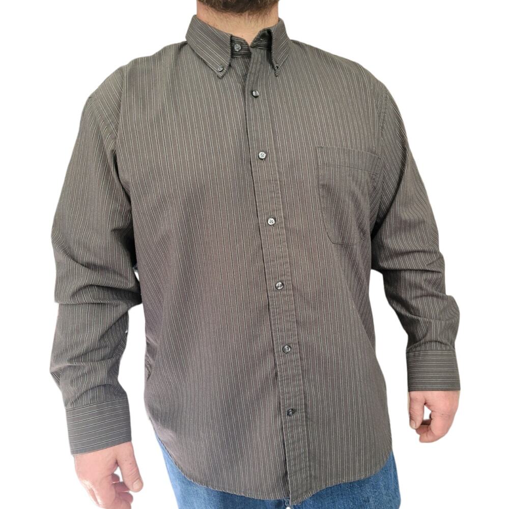 Vintage St Johns Bay XL Striped Button Down Shirt Brown Green Workwear Casual